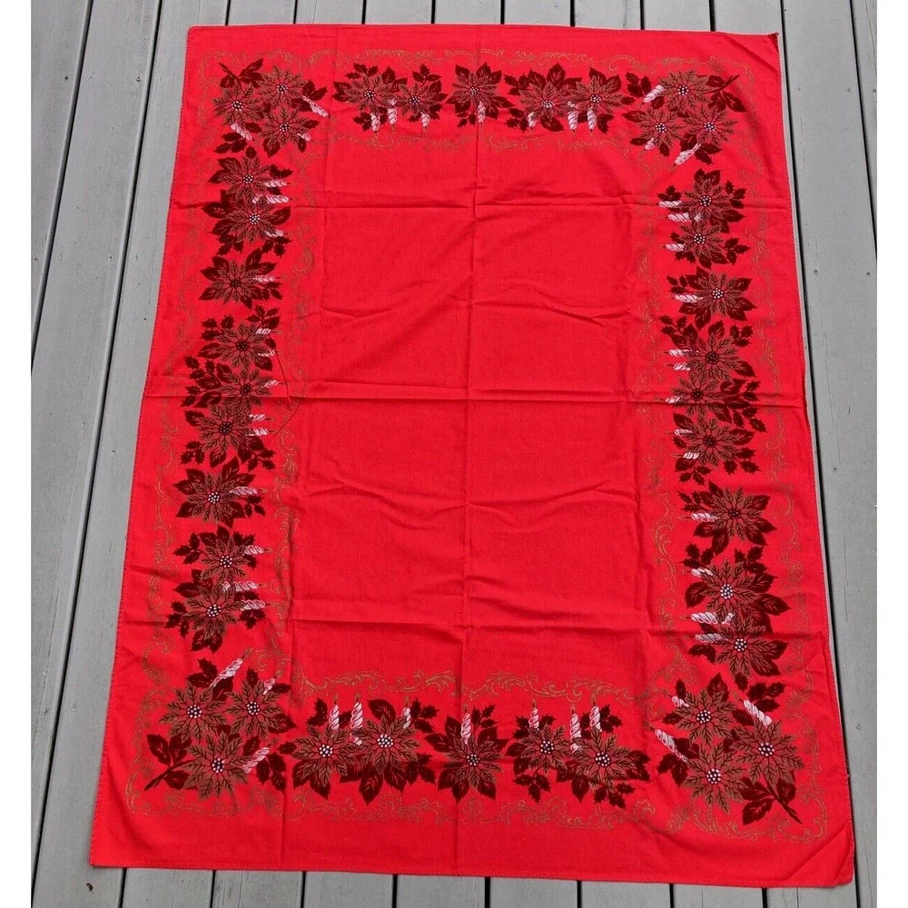 Vintage Christmas cloth tablecloth red silver gold poinsettias candles 50 x 63